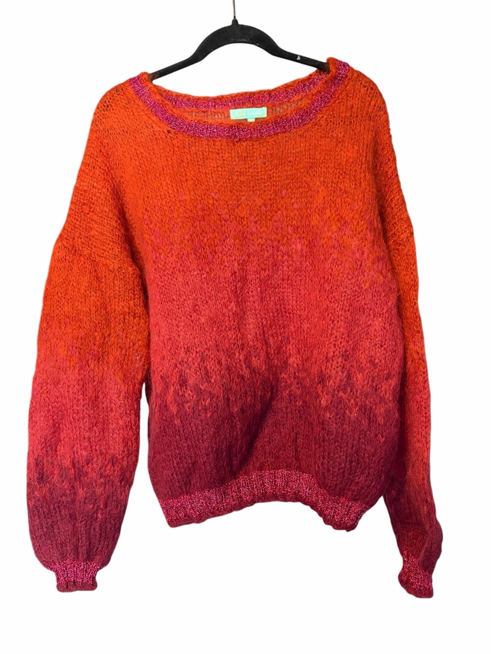 Rose Carmine Crew Neck Red Maroon Ombre Sweater Sparkle Cuffs One Size